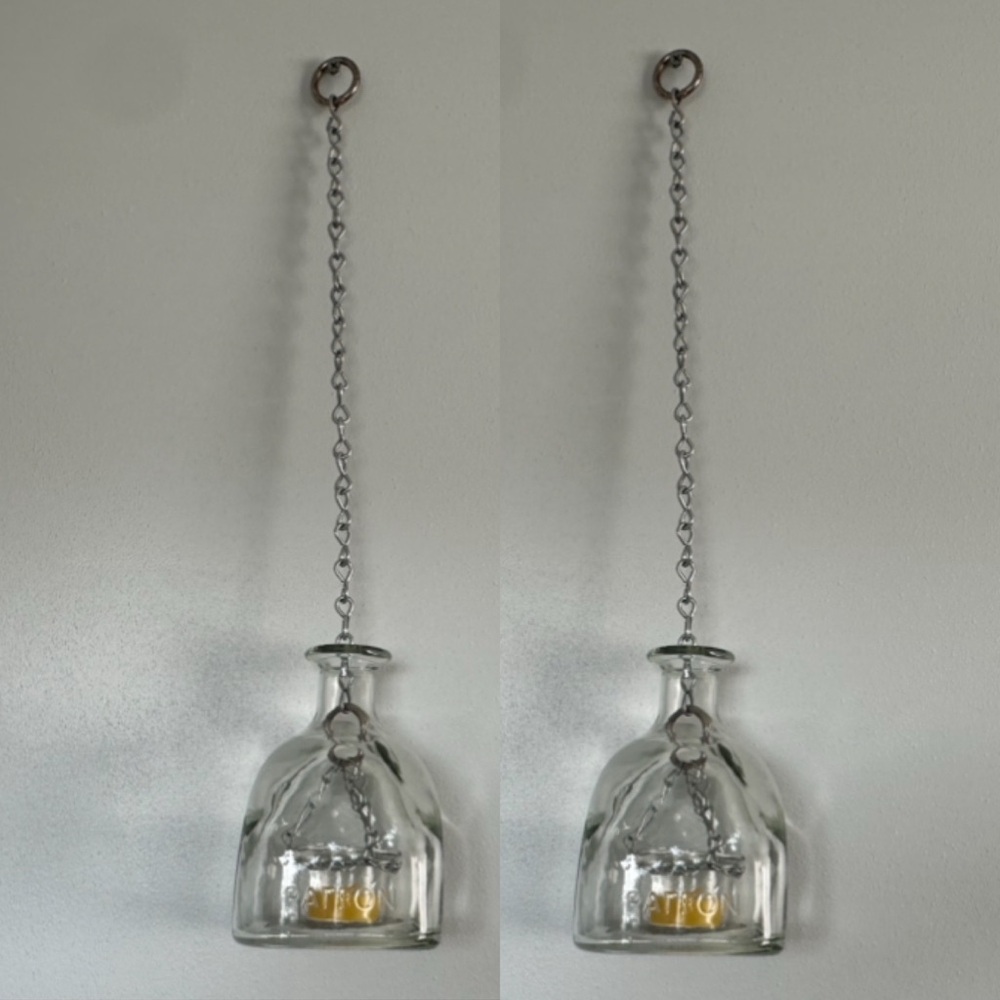 Set of 2 Hanging Patron Bottle Glass Pendant Tea Light Holder Lanterns